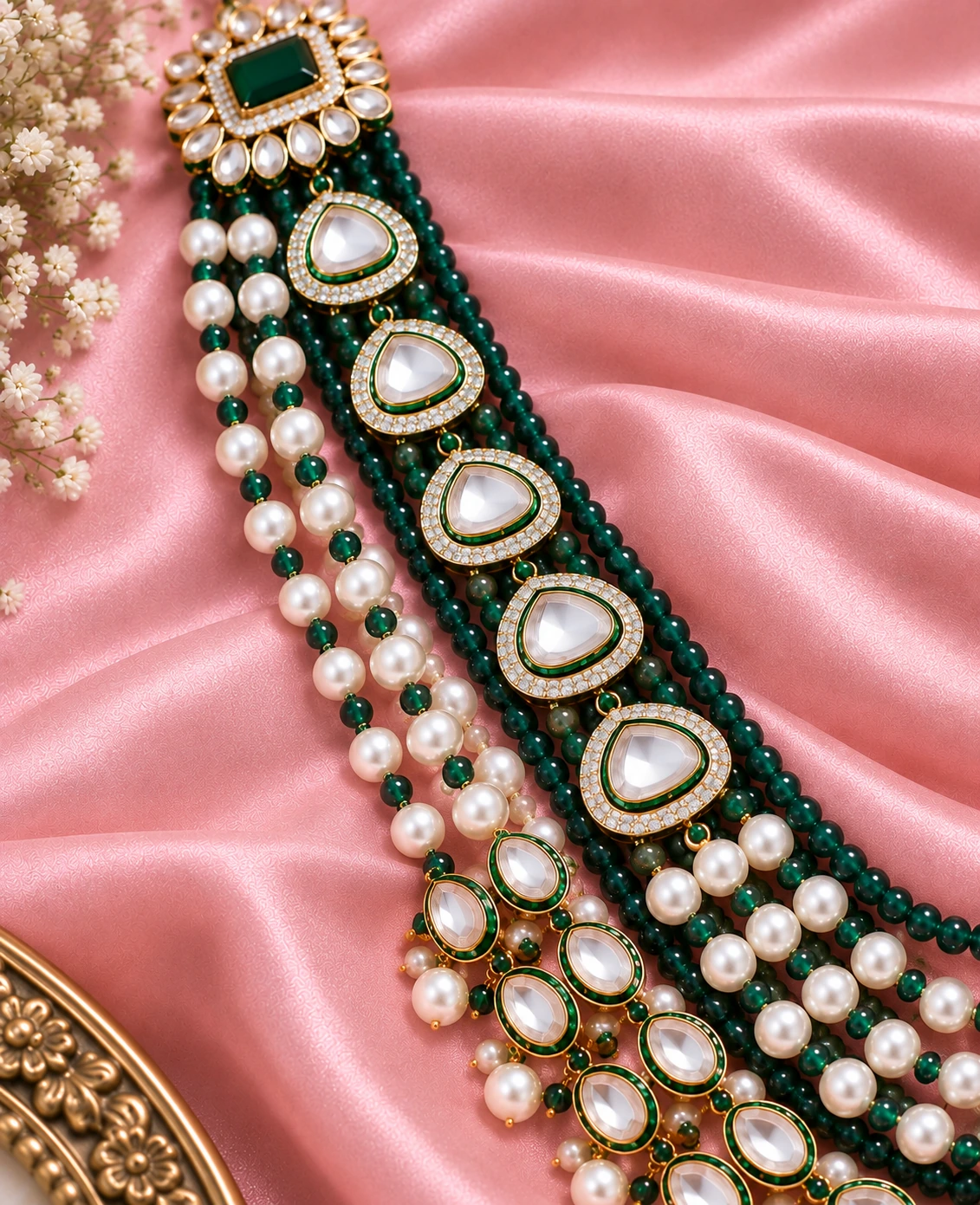 Emerald Pearl Kundan Layered Mala