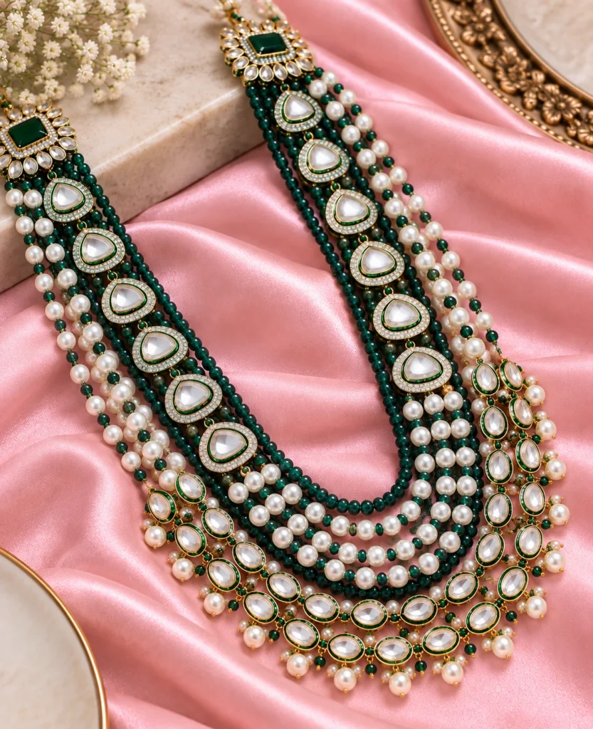 Emerald Pearl Kundan Layered Mala
