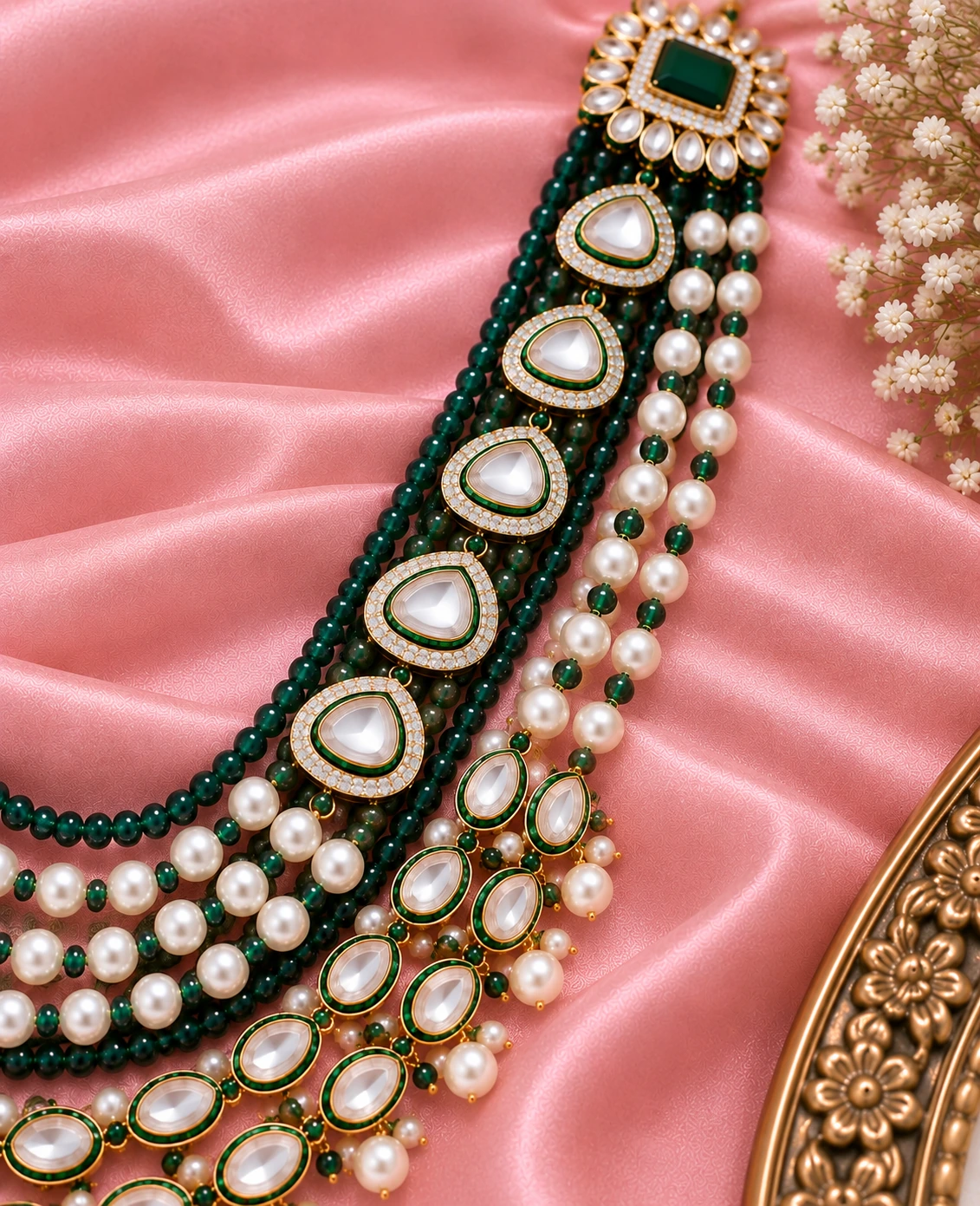 Emerald Pearl Kundan Layered Mala