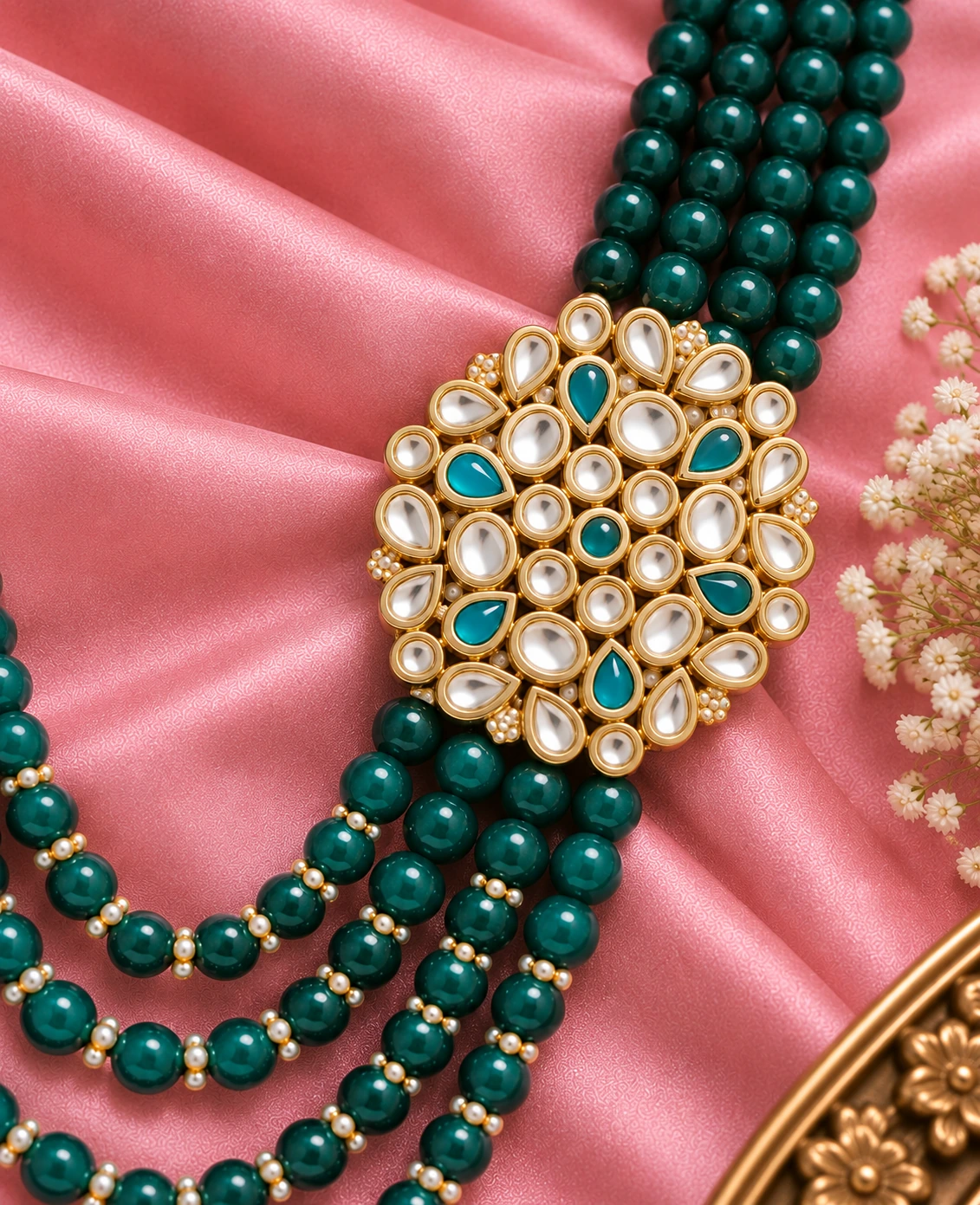 Emerald Beaded Medallion Layered Mala
