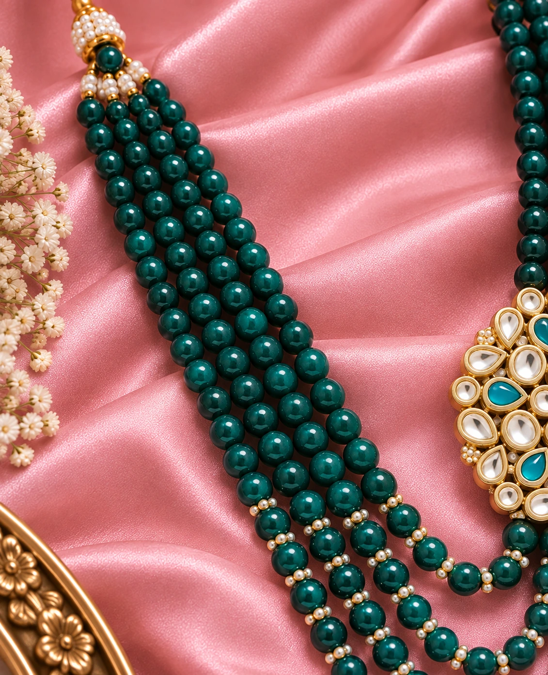 Emerald Beaded Medallion Layered Mala